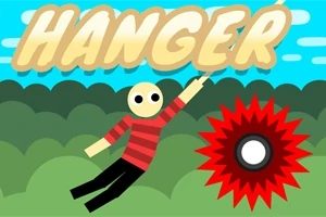 Ilustración de un personaje columpiándose de una cuerda junto a una sierra circular roja sobre un fondo de vegetación y cielo azul con la palabra Hanger en la parte superior