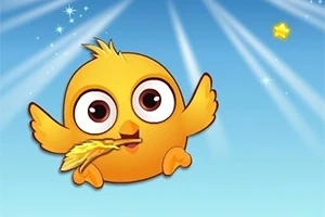 Pollito amarillo con grandes ojos sosteniendo una pluma dorada en un fondo azul con rayos de luz y estrellas