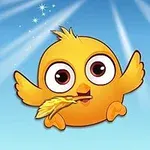 Pollito amarillo con grandes ojos sosteniendo una pluma dorada en un fondo azul con rayos de luz y estrellas