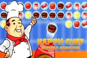 Chef caricaturizado sonriente señalando burbujas de postres coloridos con fondo azul