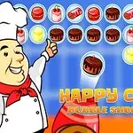 Chef caricaturizado sonriente señalando burbujas de postres coloridos con fondo azul