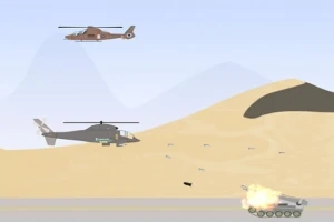 Dos helicópteros sobrevolando un desierto mientras atacan a un tanque que explota en el suelo