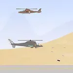 Dos helicópteros sobrevolando un desierto mientras atacan a un tanque que explota en el suelo