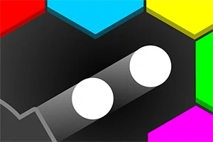 Dos círculos blancos con sombras en un fondo negro, rodeados por hexágonos de colores brillantes como rojo, azul, amarillo, verde y rosa