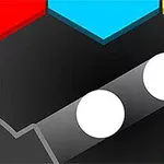 Dos círculos blancos con sombras en un fondo negro, rodeados por hexágonos de colores brillantes como rojo, azul, amarillo, verde y rosa