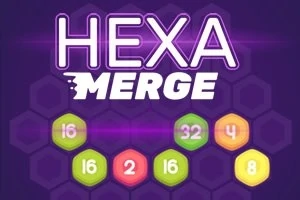 Texto HEXA MERGE en un fondo púrpura con hexágonos numerados de colores brillantes debajo