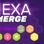 Texto HEXA MERGE en un fondo púrpura con hexágonos numerados de colores brillantes debajo