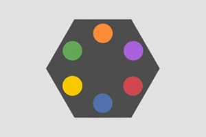 Hexágono gris con seis círculos de colores: naranja, morado, rojo, azul, amarillo y verde