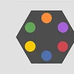 Hexágono gris con seis círculos de colores: naranja, morado, rojo, azul, amarillo y verde