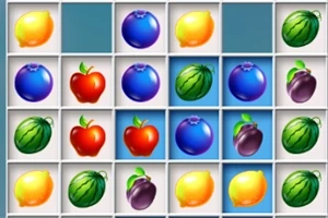 Varias filas de iconos coloridos de frutas como limones, manzanas, ciruelas, y sandías