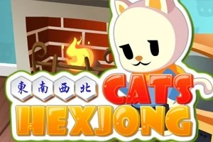 Un gato caricaturesco con capucha frente a una chimenea, rodeado del texto CATS HEXJONG y símbolos hexagonales