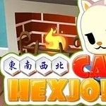 Un gato caricaturesco con capucha frente a una chimenea, rodeado del texto CATS HEXJONG y símbolos hexagonales