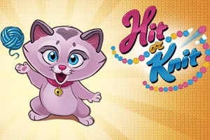 Dibujo de un gato rosado jugando con un ovillo de lana azul junto a un texto colorido