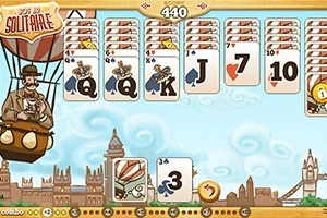 Un juego de cartas estilo solitario con un fondo de un paisaje urbano y un personaje en un globo aerostático