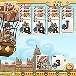 Un juego de cartas estilo solitario con un fondo de un paisaje urbano y un personaje en un globo aerostático