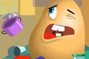 Papa caricaturizada con expresión de susto rodeada de utensilios de cocina