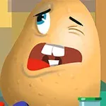 Papa caricaturizada con expresión de susto rodeada de utensilios de cocina
