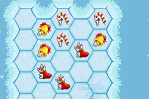 Un tablero de hexágonos con casillas decorativas de campanas, bastones de caramelo, y calcetines navideños sobre un fondo azul con nieve