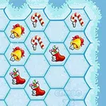 Un tablero de hexágonos con casillas decorativas de campanas, bastones de caramelo, y calcetines navideños sobre un fondo azul con nieve
