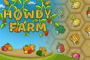 Título atractivo Howdy Farm con ilustraciones de vegetales y frutas en un fondo tipo tablero hexagonal