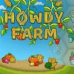 Título atractivo Howdy Farm con ilustraciones de vegetales y frutas en un fondo tipo tablero hexagonal