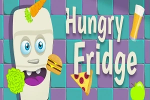 Un refrigerador caricaturizado con cara y ojos, rodeado de alimentos como zanahoria, hamburguesa, pizza, y lechuga, con el texto Hungry Fridge al lado