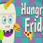 Un refrigerador caricaturizado con cara y ojos, rodeado de alimentos como zanahoria, hamburguesa, pizza, y lechuga, con el texto Hungry Fridge al lado