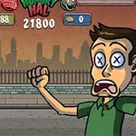Hombre asustado con ojos en forma de espiral y un zombie al fondo en una calle urbana