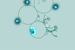 Círculos transparentes interconectados con patrones orgánicos y piedras azules brillantes sobre un fondo azul claro