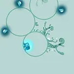 Círculos transparentes interconectados con patrones orgánicos y piedras azules brillantes sobre un fondo azul claro