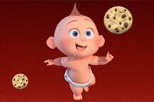Un bebé animado sonriente en pañales rodeado de galletas sobre un fondo rojo