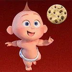 Un bebé animado sonriente en pañales rodeado de galletas sobre un fondo rojo
