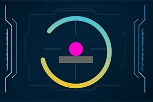 Círculo de colores degradados alrededor de un punto rosa sobre un fondo oscuro con líneas tecnológicas