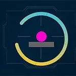 Círculo de colores degradados alrededor de un punto rosa sobre un fondo oscuro con líneas tecnológicas