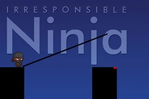 Ninja animado enmascarado extendiendo un palo horizontal entre plataformas oscuras con fondo azul y texto grande