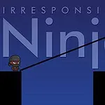 Ninja animado enmascarado extendiendo un palo horizontal entre plataformas oscuras con fondo azul y texto grande