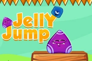 Personaje gelatinoso púrpura sobre plataforma de madera con texto amarillo Jelly Jump y bloque azul en cielo verde