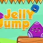 Personaje gelatinoso púrpura sobre plataforma de madera con texto amarillo Jelly Jump y bloque azul en cielo verde