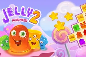 Unos personajes de gelatina de colores brillantes y ojos grandes junto a un tablero con piezas de gelatina en un fondo de dulces y estrellas