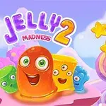 Unos personajes de gelatina de colores brillantes y ojos grandes junto a un tablero con piezas de gelatina en un fondo de dulces y estrellas