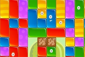 Bloques de colores vibrantes con ojos y caras en un patrón aleatorio