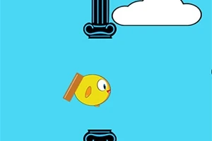 Pájaro amarillo volando entre columnas negras y una nube sobre fondo azul
