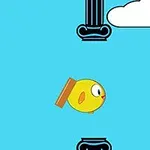 Pájaro amarillo volando entre columnas negras y una nube sobre fondo azul