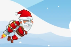 Santa Claus volando con un jetpack sobre un fondo nevado