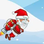 Santa Claus volando con un jetpack sobre un fondo nevado