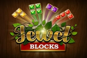 Título Jewel Blocks con bloques de gemas de colores y hojas sobre un fondo de madera