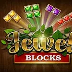 Título Jewel Blocks con bloques de gemas de colores y hojas sobre un fondo de madera