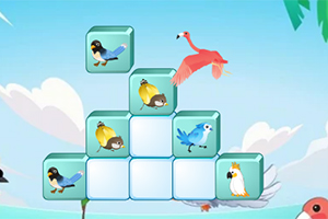 Ilustración de un paisaje con pájaros coloridos sobre cubos transparentes dispuestos en forma de pirámide