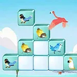 Ilustración de un paisaje con pájaros coloridos sobre cubos transparentes dispuestos en forma de pirámide
