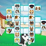 Diseño de mosaico de fichas con ilustraciones de caras de perros sobre un fondo de parque con casas y un cielo azul